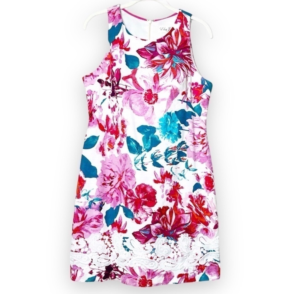 Eliza J floral mini dress 4 white pink lace appliqué‎ sleeveless spring summer